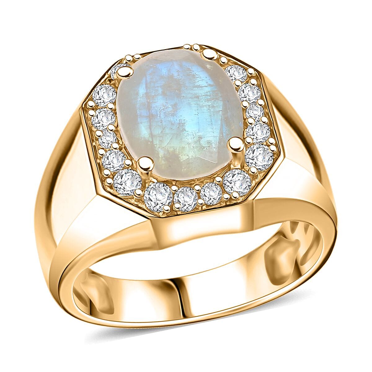 Karis Moon Glow Moonstone, White Zircon Men's Ring in 18K YG Plated (Size 10.0) 4.50 ctw