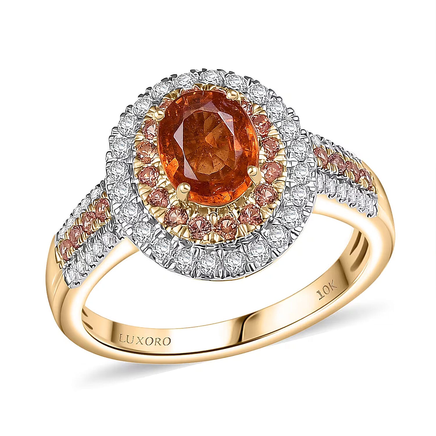 Luxoro 10K Yellow Gold Premium Tanzanian Mandarin Garnet, Padparadscha Sapphire,  Diamond (I2) (0.50 cts) Ring (Size 9.0) 2.80 ctw