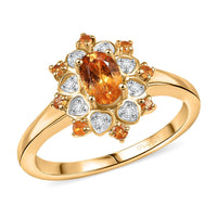 D'Joy Tanzanian Mandarin Garnet, Moissanite Ring in 18K Vermeil YG Over Sterling Silver (Size 10.0) 0.85 ctw