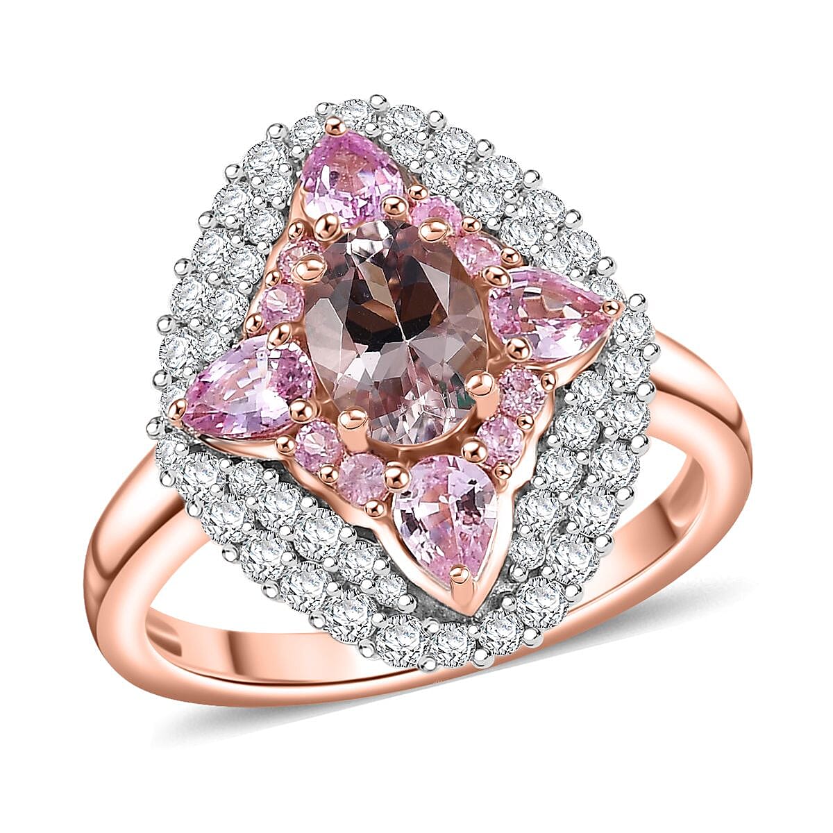 D'Joy Premium Pink Morganite, Multi Gemstone Ring in 18K Vermeil RG Over Sterling Silver (Size 7.0) 2.25 ctw