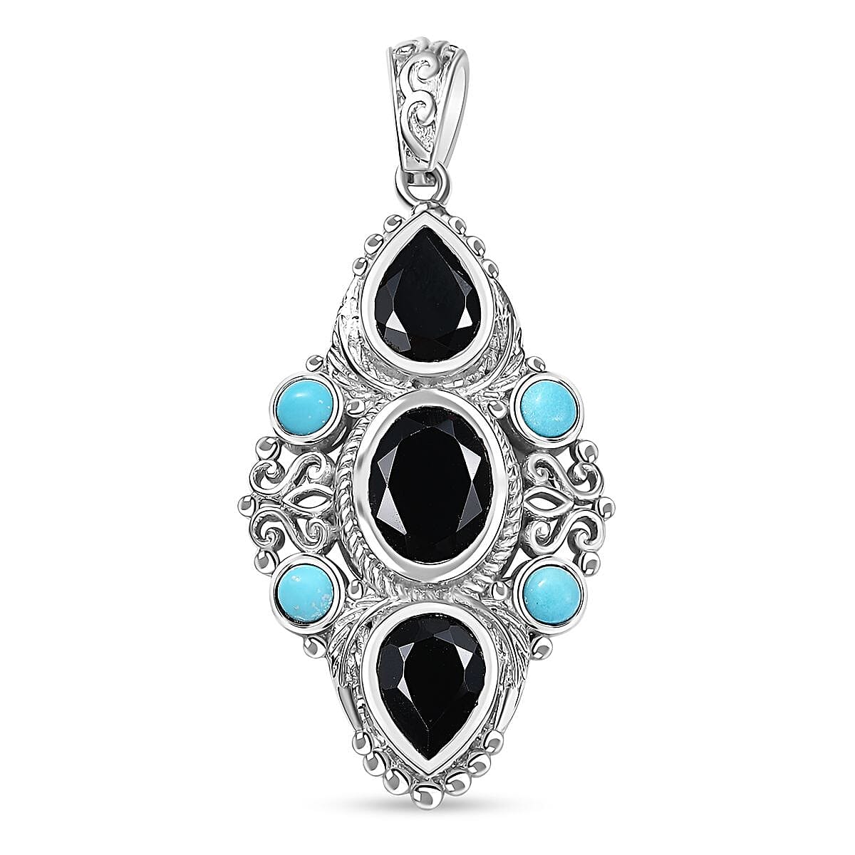 Karis Thai Black Spinel and Sleeping Beauty Turquoise 5.60 ctw Starlit Ocean Pendant without Chain in Platinum Bond