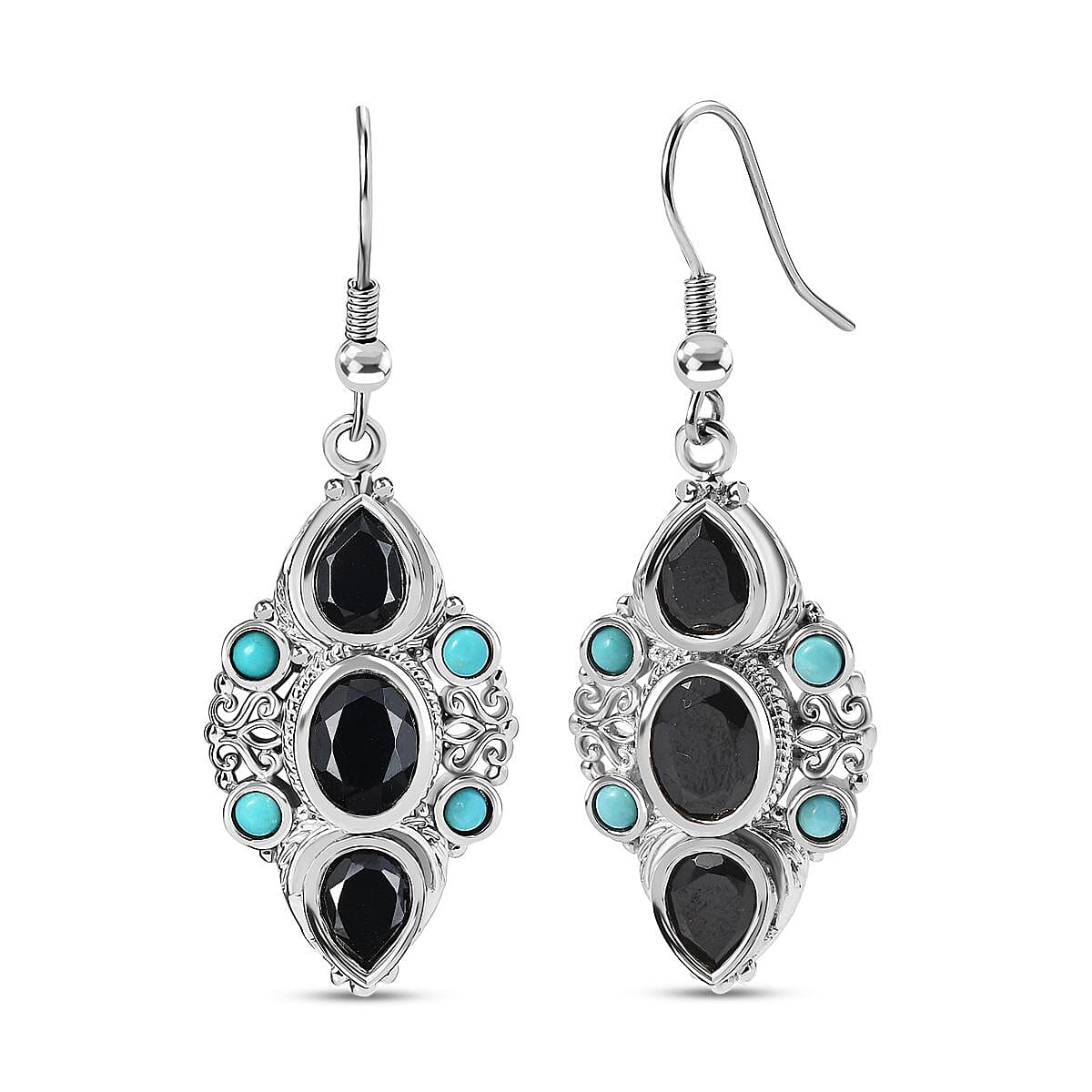 Karis Thai Black Spinel and Sleeping Beauty Turquoise 7.25 ctw Starlit Ocean Earrings in Platinum Bond