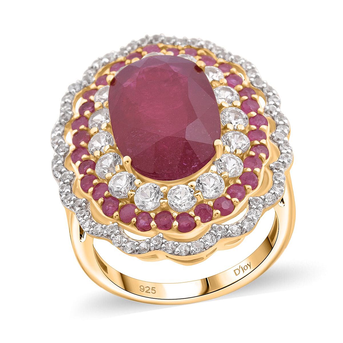 Premium Niassa Ruby (FF), White Zircon Ring in 18K Vermeil YG Over Sterling Silver (Size 10.0) 16.00 ctw