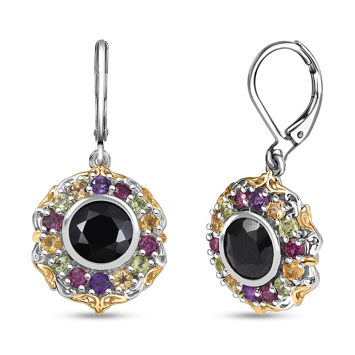 Karis Thai Black Spinel and Multi Gemstone 7.00 ctw Celestial Garden Earrings in 18K YG Plated and Platinum Bond
