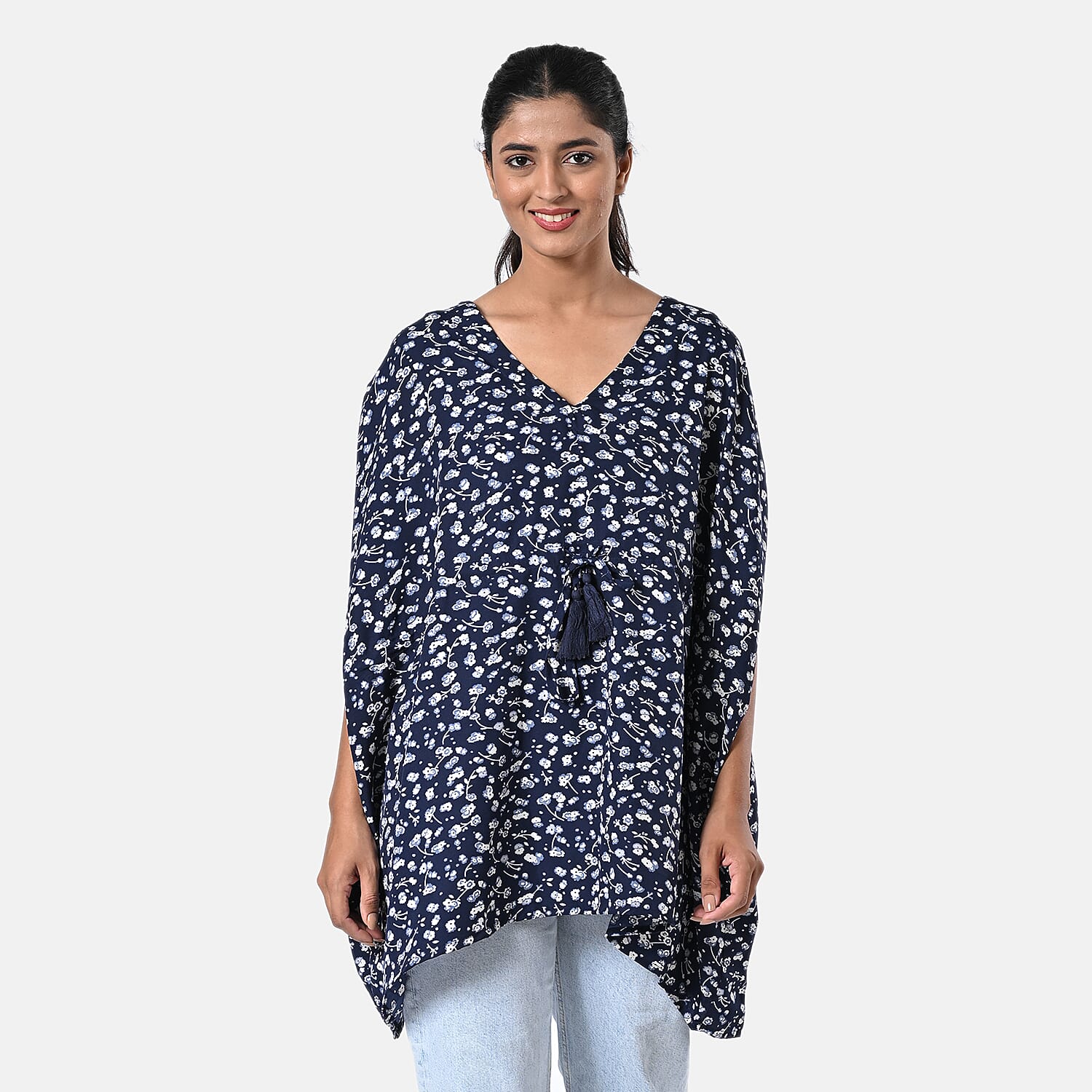 Navy Polyester Mini Kaftan Dress With Waist Tie Tassel Detailing - L (31"x39")