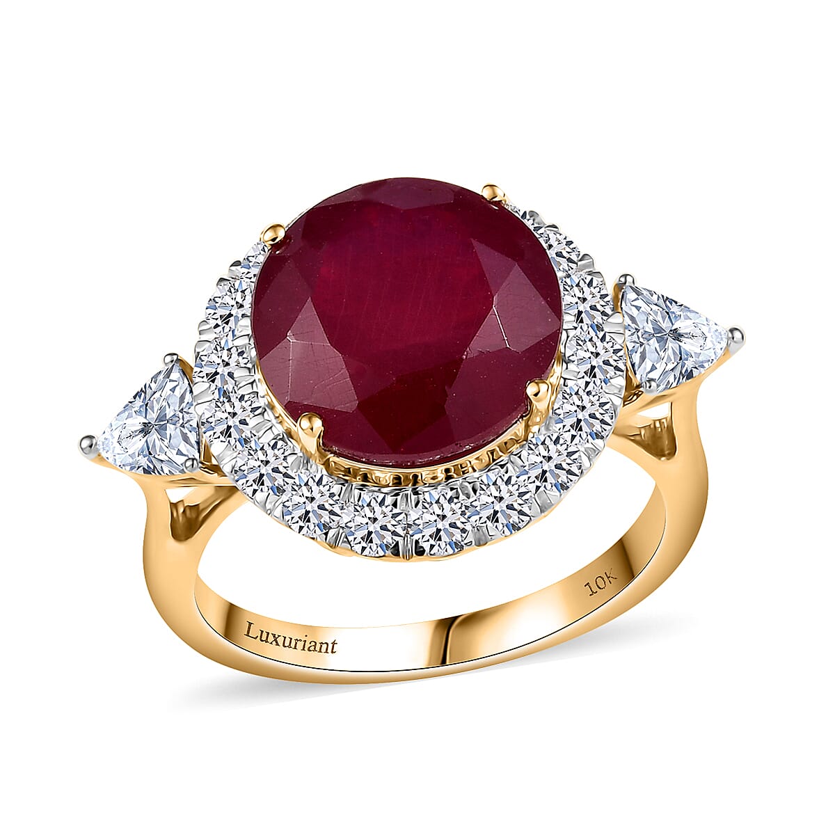 10K Yellow Gold AAA Niassa Ruby (FF), Luxuriant Lab Grown Diamond (E-F, VS) (1.22 cts) Ring (Size 10.0) 8.98 ctw