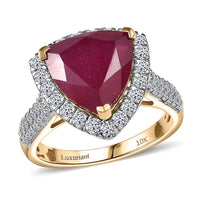 10K Yellow Gold AAA Niassa Ruby, Luxuriant Lab Grown Diamond (E-F, VS) (0.87 cts) Ring (Size 11.0) 7.30 ctw