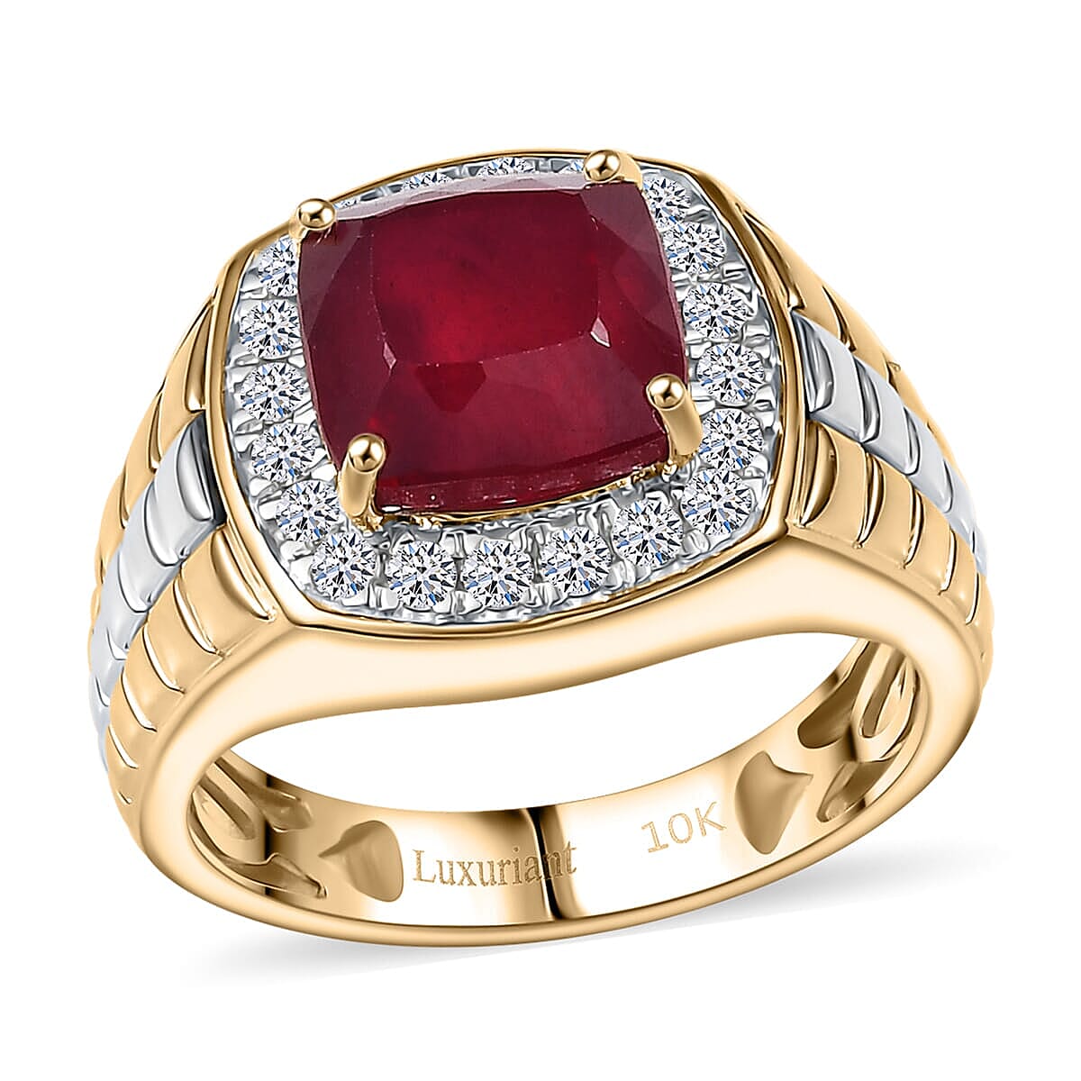 10K Yellow Gold AAA Niassa Ruby (FF), Luxuriant Lab Grown Diamond (E-F, VS) Men's Ring (Size 11.5) 6.03 ctw