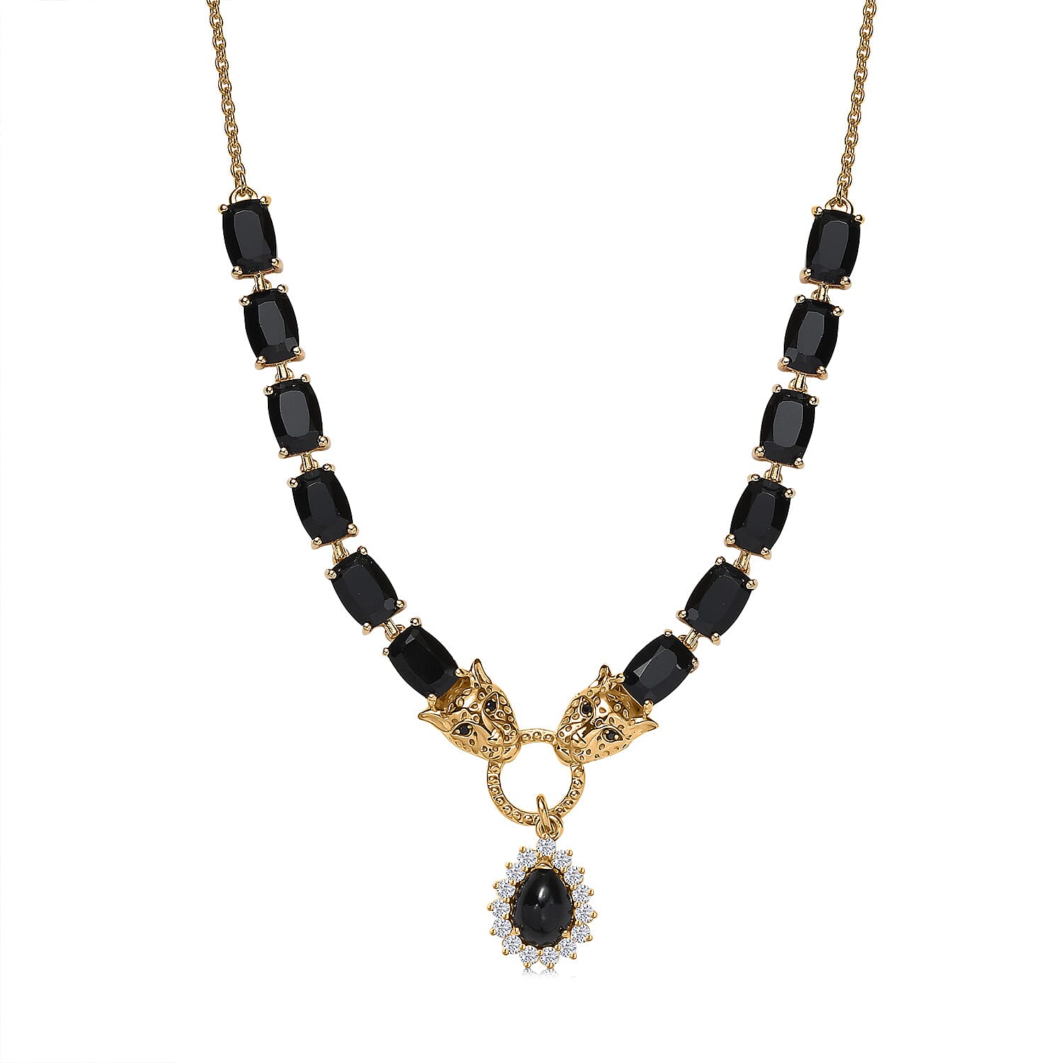 Karis Thai Black Spinel and White Zircon 16.50 ctw Panther Necklace 18 Inches in 18K YG Plated