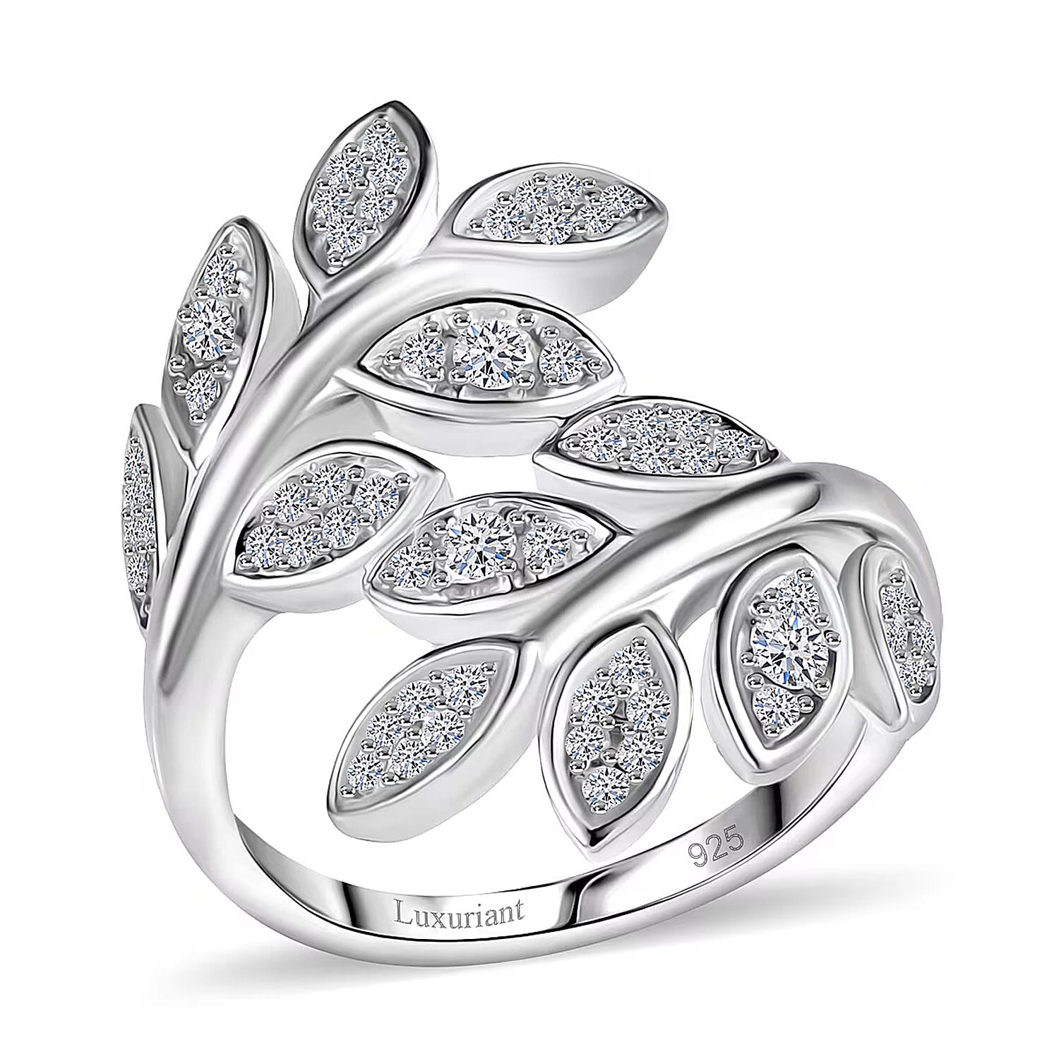 Luxuriant Lab Grown Diamond (G-H SI) Leaf Bypass Ring in Rhodium Over Sterling Silver (Size 10.0) 0.50 ctw
