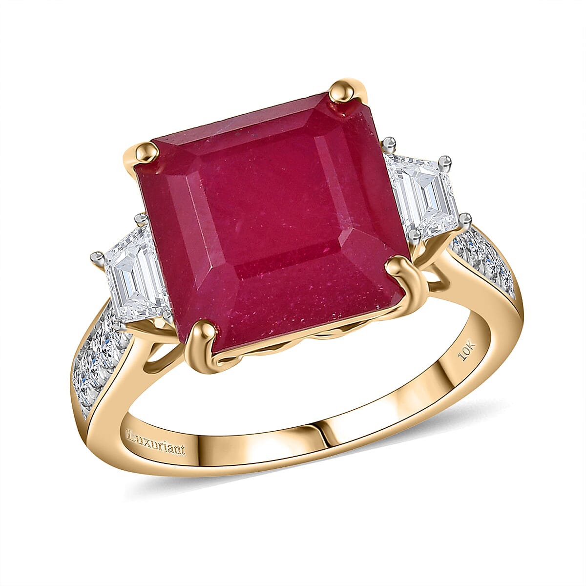 10K Yellow Gold AAA Asscher Cut Niassa Ruby (FF), Luxuriant Lab Grown Diamond (E-F, VS) (0.78 cts) Ring (Size 10.0) 10.78 ctw