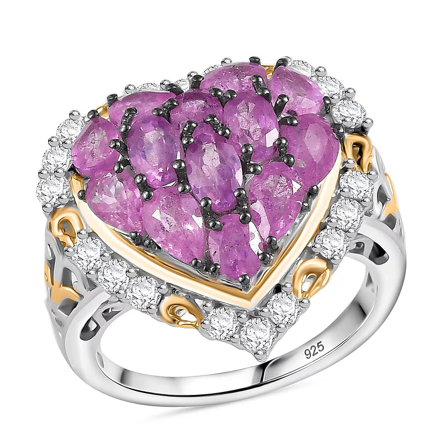 Ilakaka Hot Pink Sapphire (FF) and White Zircon 4.60 ctw Everlasting Love Ring in 18K Vermeil YG and Rhodium Over Sterling Silver (Size 7.0)