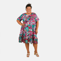 CW CLASSICS Fuchsia Floral Ruffle Cotton Blend Midi Dress - S