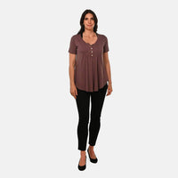 Plum Short Sleeve Knit Rouched Front Top with Buttons - L