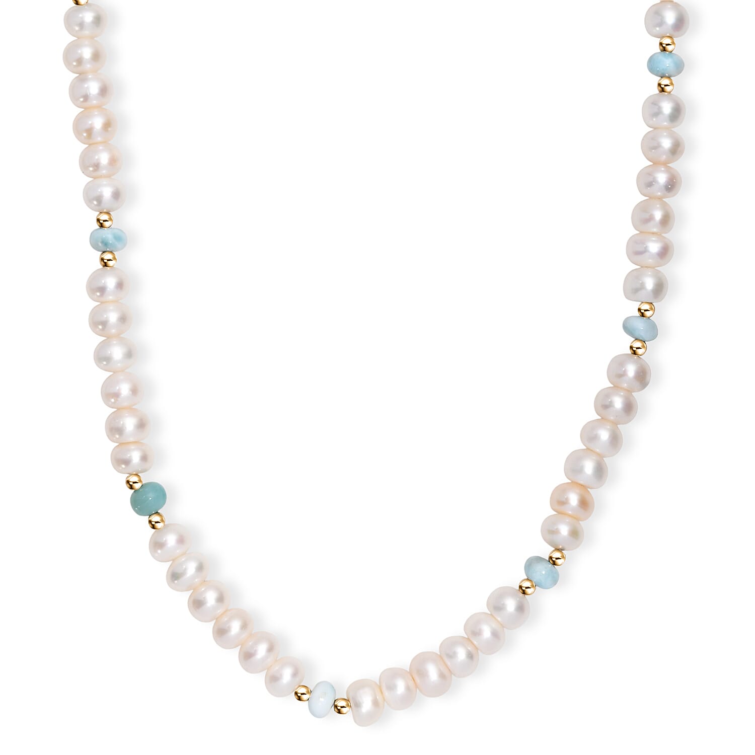 D'Joy White Freshwater Pearl and Larimar 10.00 ctw Necklace in 18K Vermeil Yellow Gold Over Sterling Silver 18 Inches