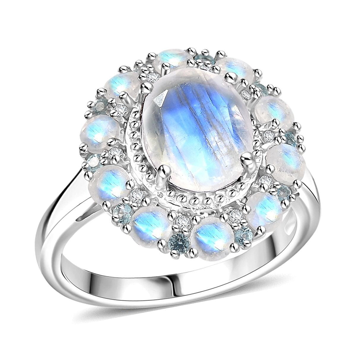 Karis Moon Glow Moonstone, Multi Gemstone Celestial Orbit Ring in Platinum Bond (Size 10.0) 4.00 ctw