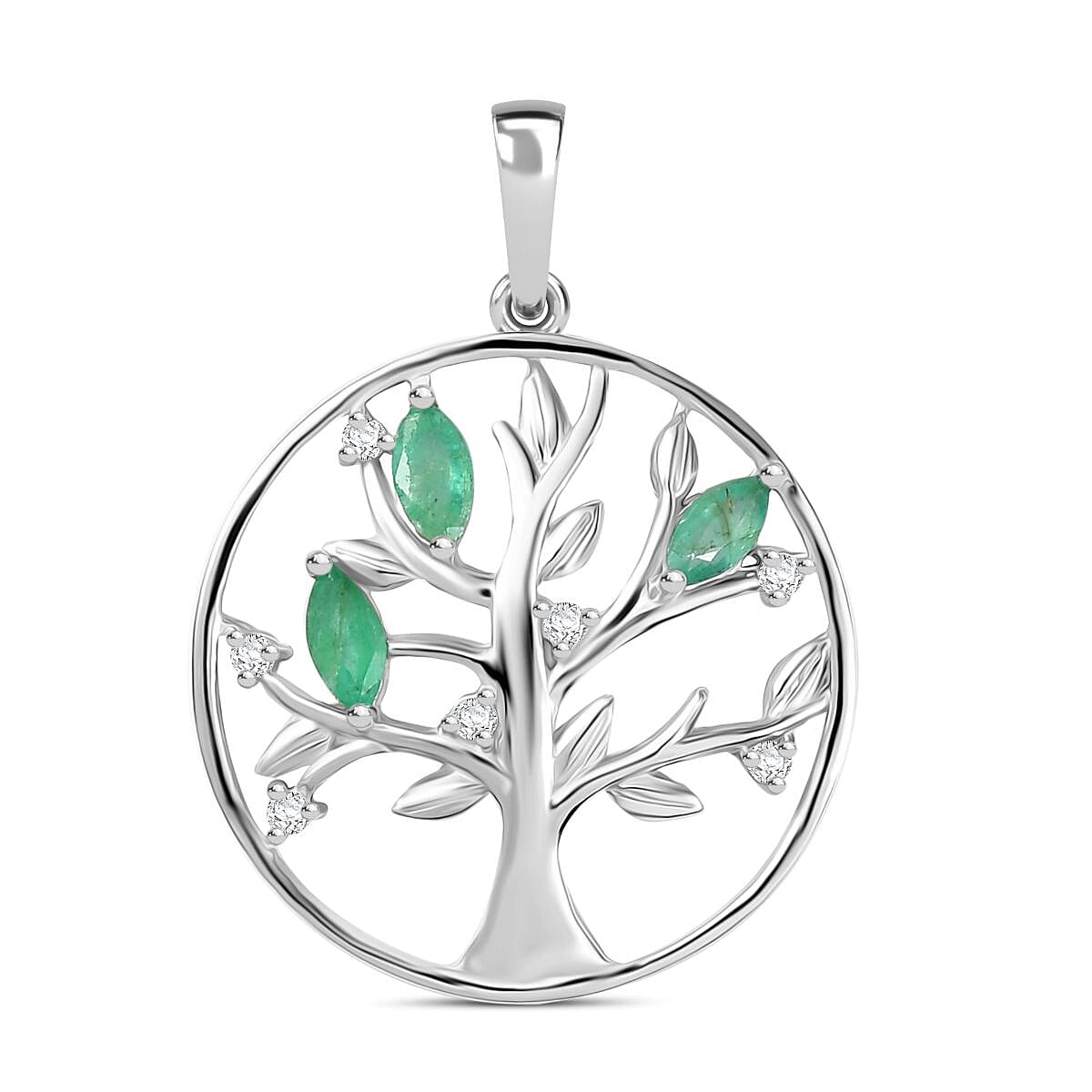 Kagem Zambian Emerald and White Zircon 0.55 ctw Pendant in Platinum Over Sterling Silver