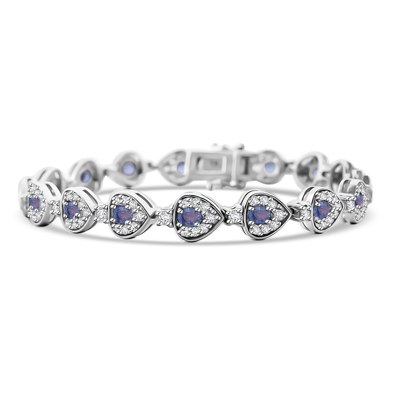Premium Ceylon Blue Sapphire, White Zircon Bracelet in Rhodium Over Sterling Silver (6.50 In) 7.28 ctw