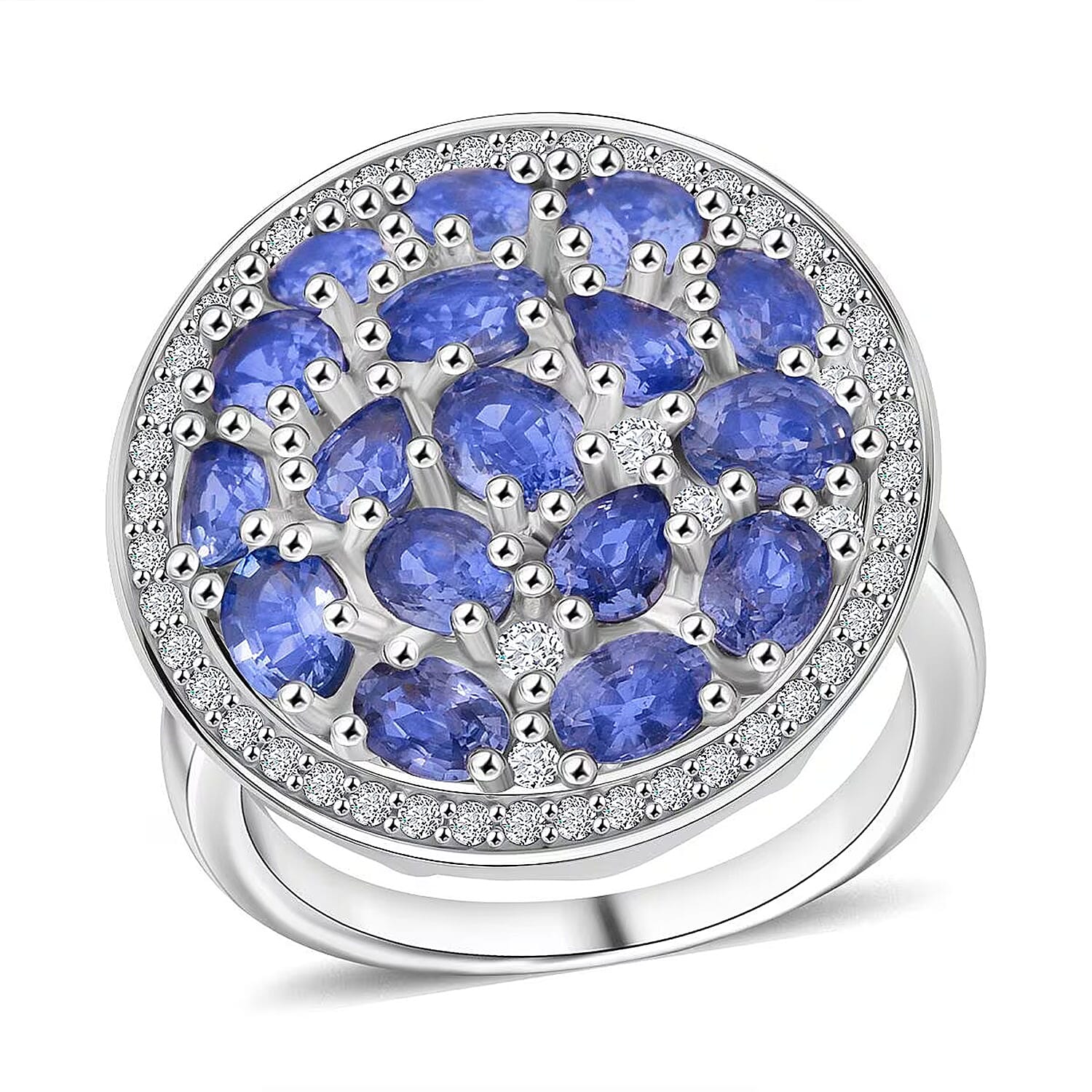 Ceylon Blue Sapphire, Moissanite Ring in Rhodium Over Sterling Silver 4.50 ctw (Size 5.0)