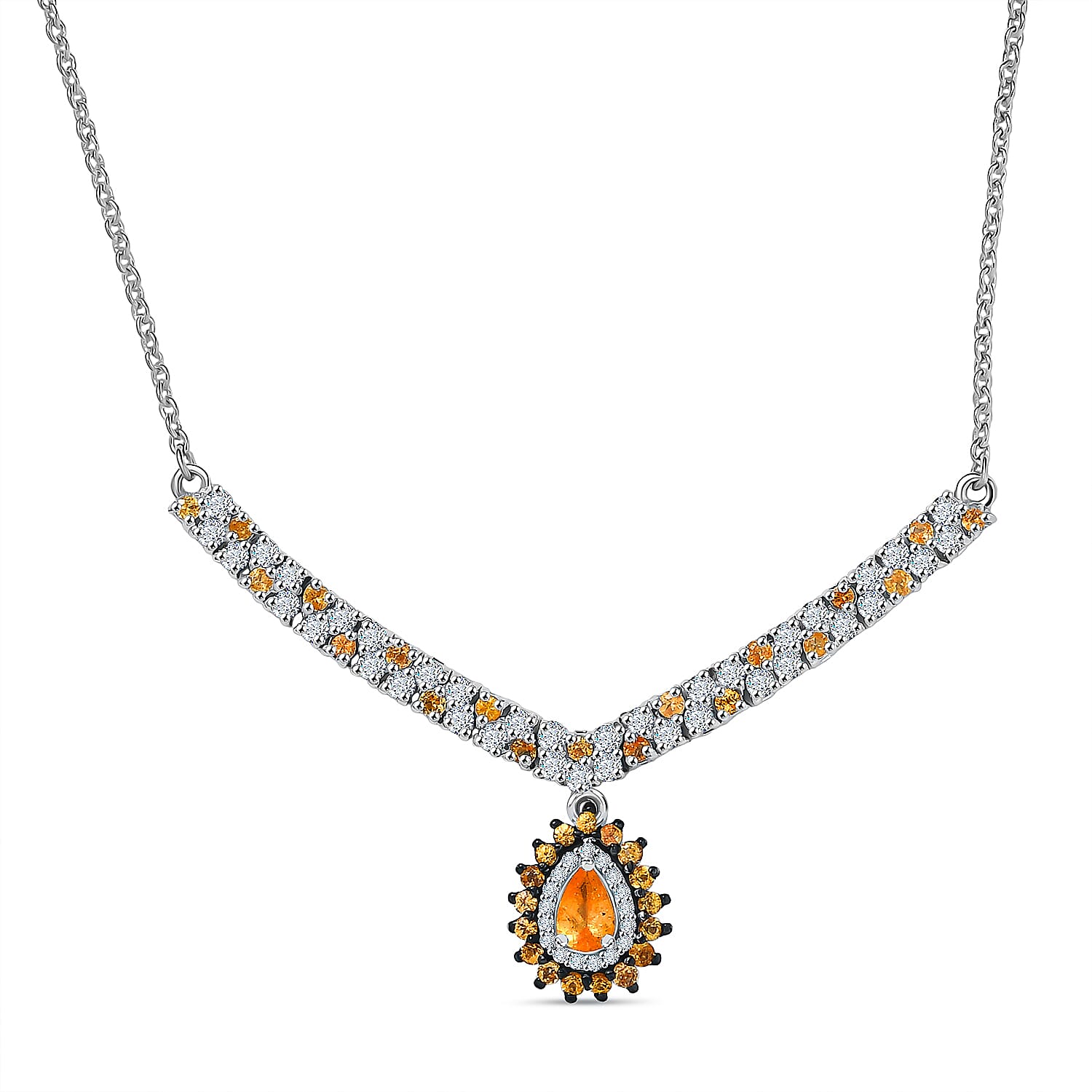 D'Joy Tanzanian Mandarin Garnet and Moissanite 2.35 ctw Kindled Curve Necklace 18 Inches in Rhodium Over Sterling Silver