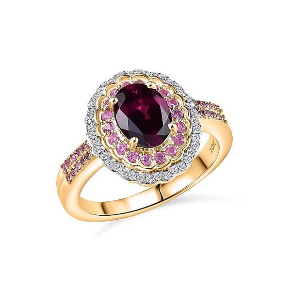 Luxoro AAA Radiant Ember Garnet, Madagascar Pink Sapphire and I1 Diamond 1.90 ctw Ring in 10K Yellow Gold (Del. In 10-12 Days)