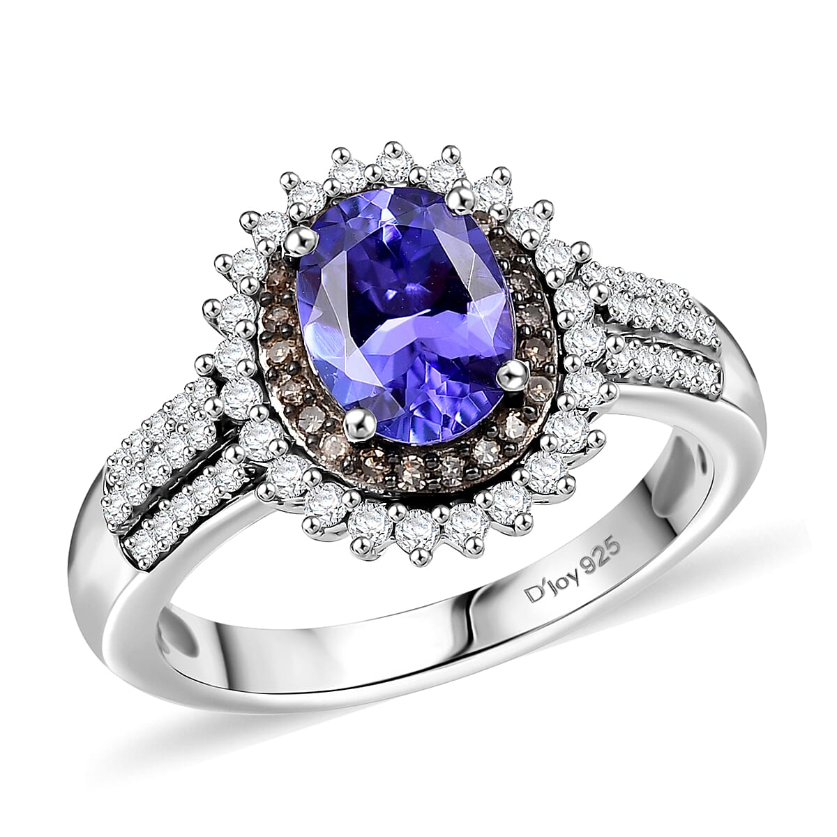 D'Joy Premium Tanzanite, Natural Champagne and White Diamond 1.85 ctw Sunburst Ring in Rhodium Over Sterling Silver (Size 10.0)
