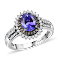 D'Joy Premium Tanzanite, Natural Champagne and White Diamond 1.85 ctw Sunburst Ring in Rhodium Over Sterling Silver (Size 10.0) - Sticky add to cart bar