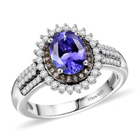D'Joy Premium Tanzanite, Natural Champagne and White Diamond 1.85 ctw Sunburst Ring in Rhodium Over Sterling Silver (Size 10.0)