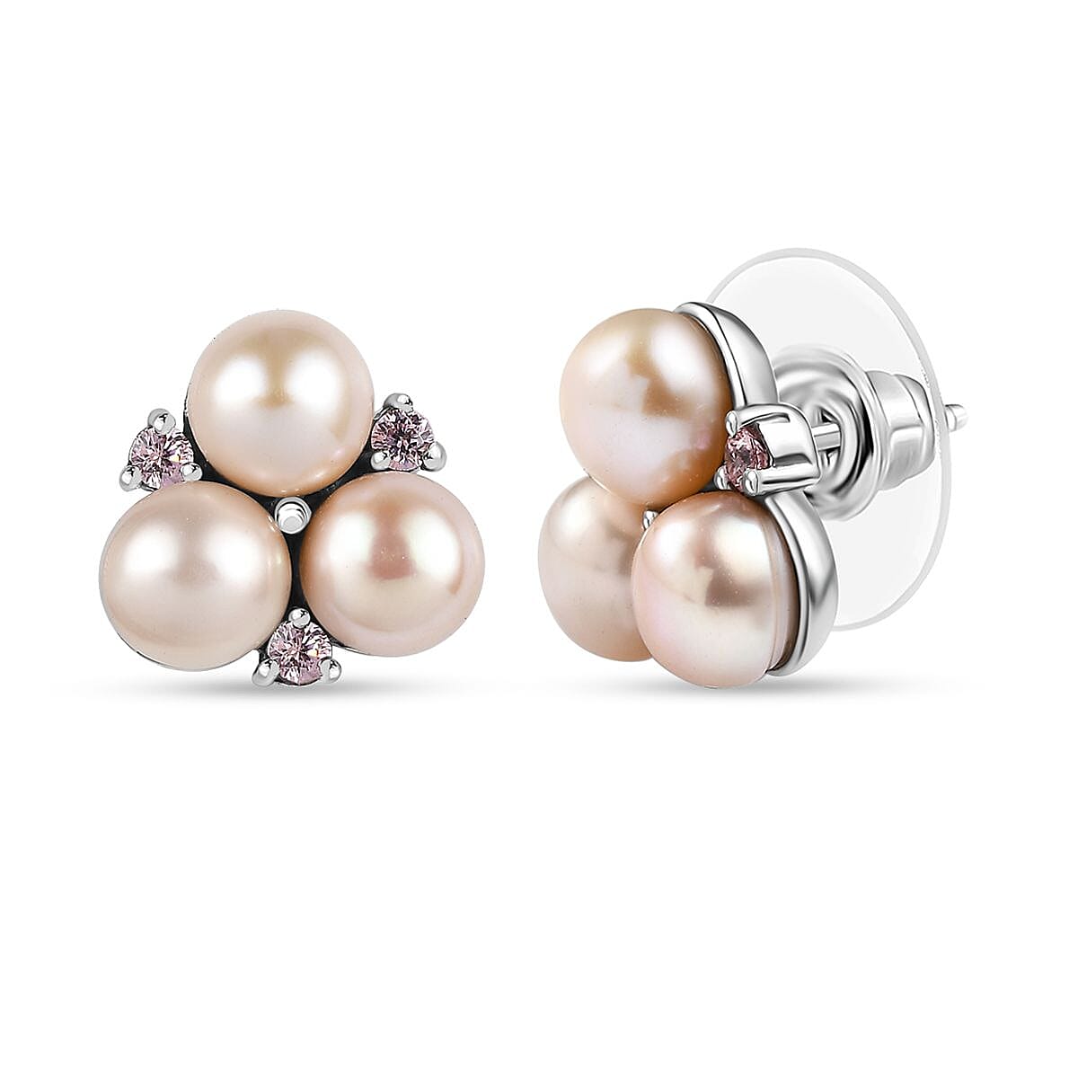 EverTrue Pink Freshwater Pearl and Simulated Pink Diamond 0.30 ctw Blossom Earrings in Stainless Steel