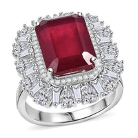 D'Joy Premium Niassa Ruby (FF) 10.0) and Moissanite 14.40 ctw Art Deco Ring in Rhodium Over Sterling Silver (Size 10.0)