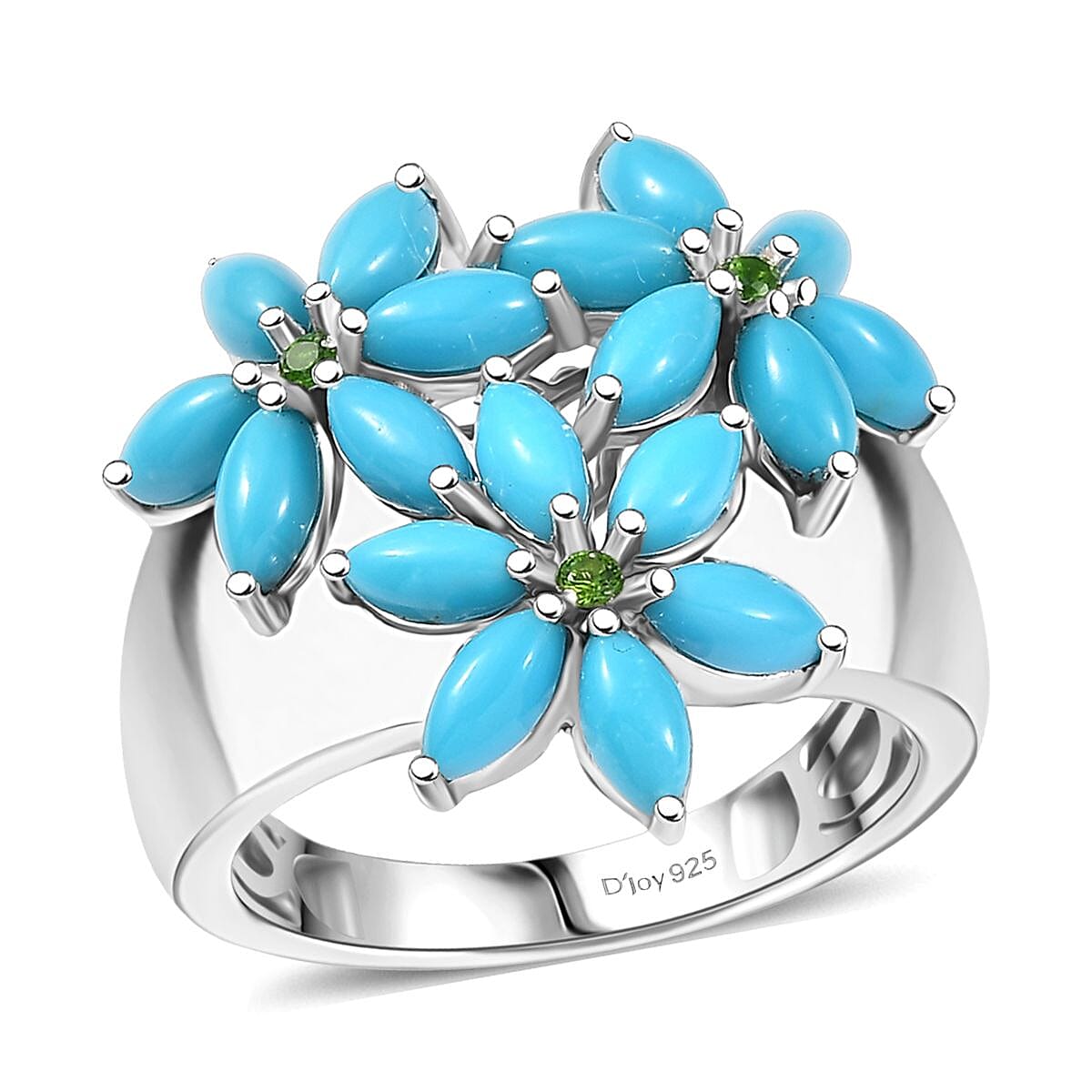 D'Joy Premium Sleeping Beauty Turquoise and Chrome Diopside 3.80 ctw Blossom Leaf Ring in Rhodium Over Sterling Silver (Size 10.0)