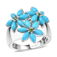 D'Joy Premium Sleeping Beauty Turquoise and Chrome Diopside 3.80 ctw Blossom Leaf Ring in Rhodium Over Sterling Silver (Size 10.0)