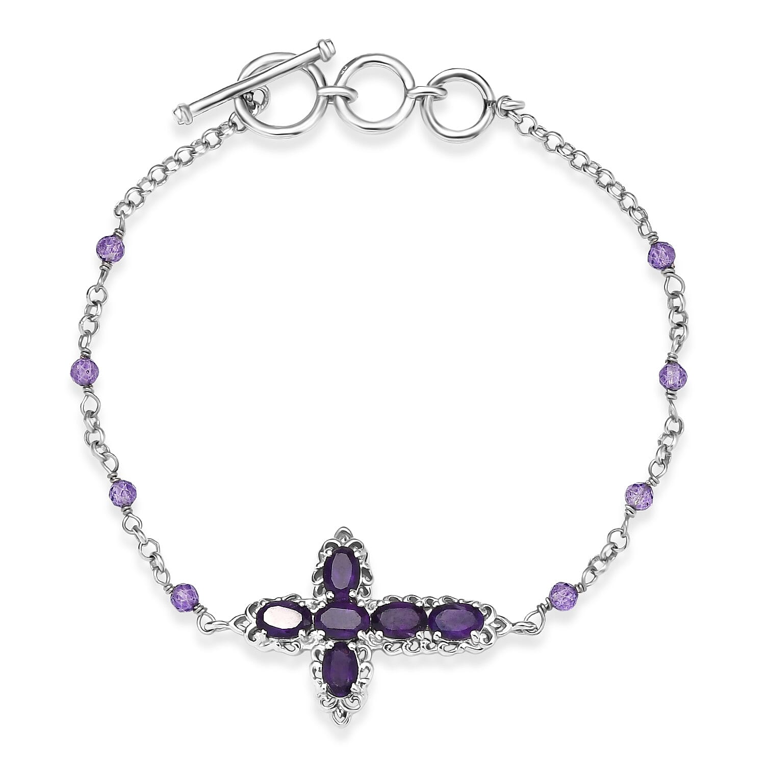 EverTrue African Amethyst Cross Bracelet in Platinum Bond (6.50-8.0In) 4.40 ctw