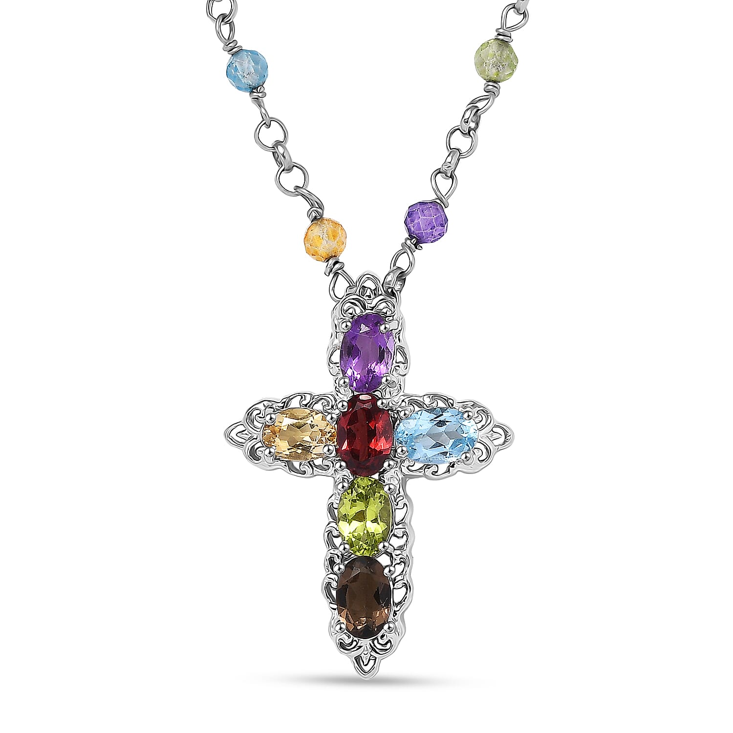 EverTrue Multi Gemstone Cross Necklace (18 Inches) in Platinum Bond 8.25 ctw