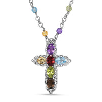 EverTrue Multi Gemstone Cross Necklace (18 Inches) in Platinum Bond 8.25 ctw