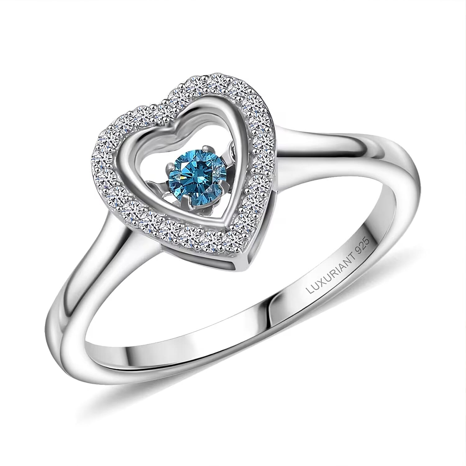Luxuriant Lab Grown Blue Diamond (IR) and Lab Grown Diamond 0.22 ctw Dancing Heart Ring in Rhodium Over Sterling Silver