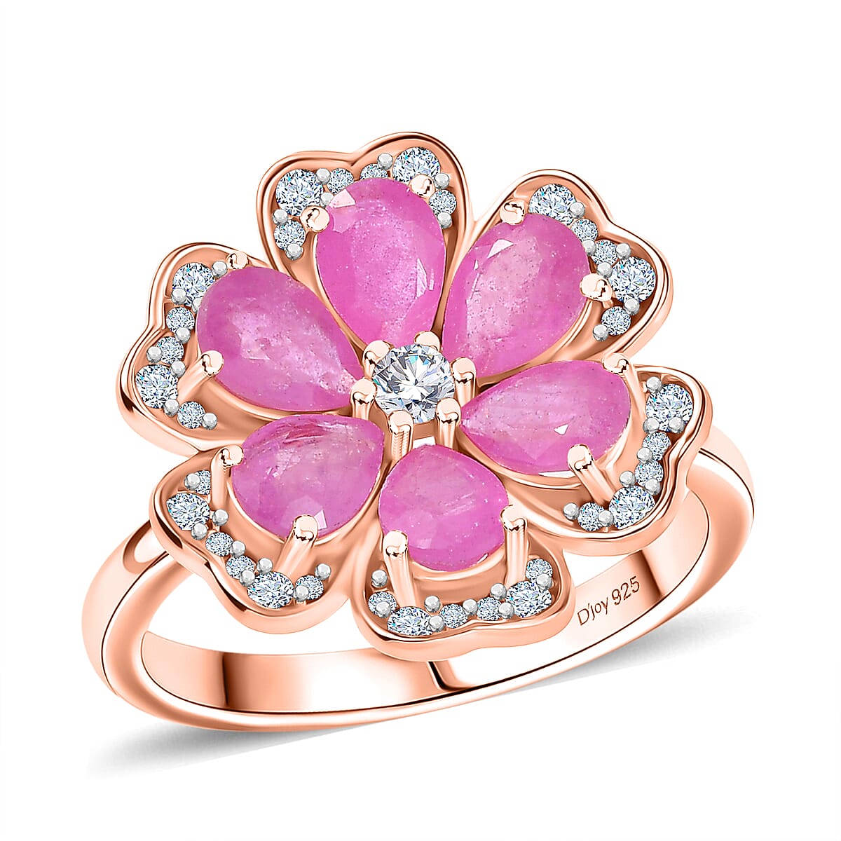 D'Joy Ilakaka Hot Pink Sapphire (FF) and White Zircon 4.10 ctw Floret Glow Ring in 18K Vermeil Rose Gold Over Sterling Silver