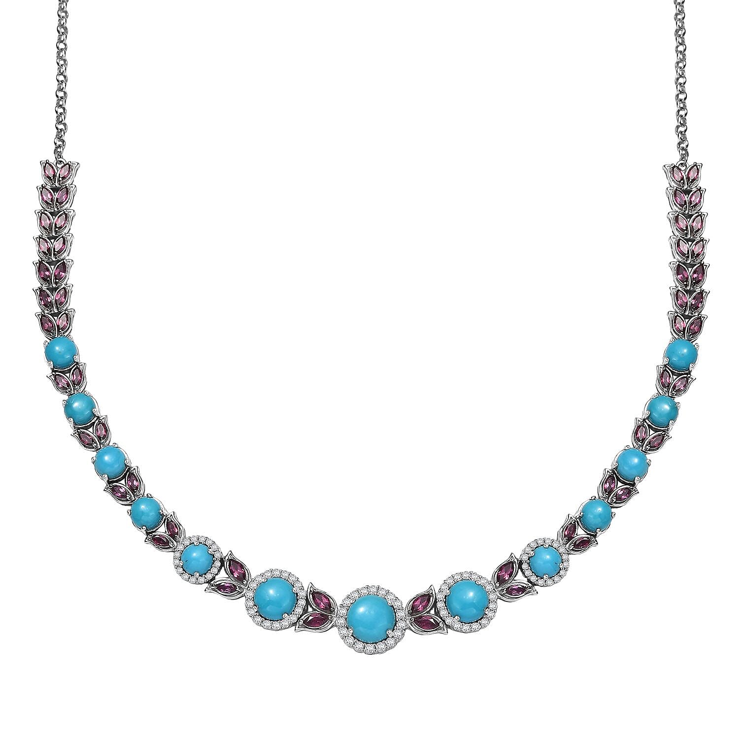 D'Joy Premium Sleeping Beauty Turquoise and Multi Gemstone 21.90 ctw Azure Bloom Necklace in Rhodium Over Sterling Silver 18 Inches