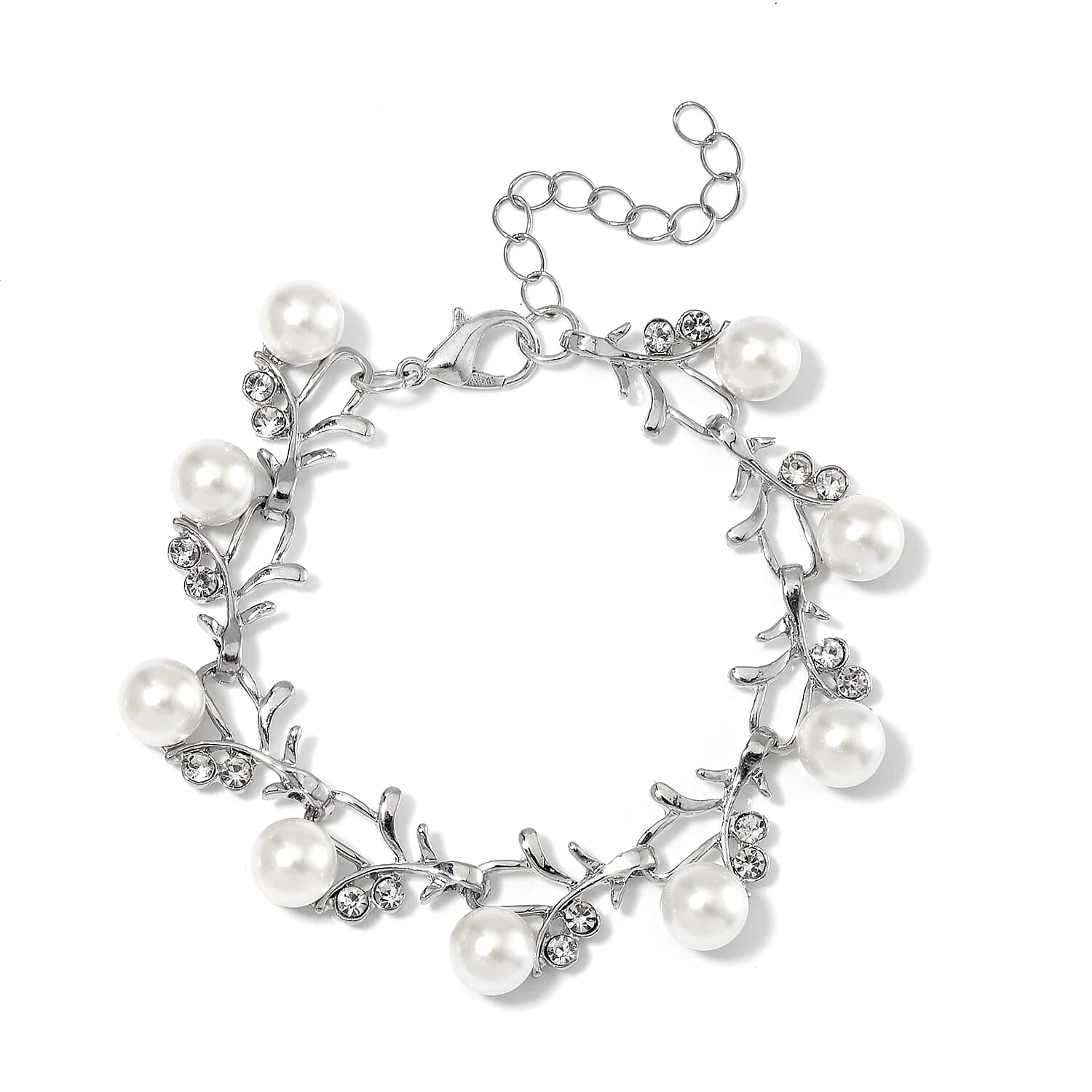 White Shell Pearl, Austrian Crystal Bracelet in Silvertone (6.50-8.50In)