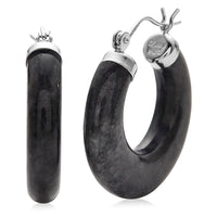 Natural Black Jade 35.00 ctw Hoop Earrings in Rhodium Over Sterling Silver