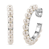 White Shell Pearl Hoop Earrings in Silvertone and Stainless Steel