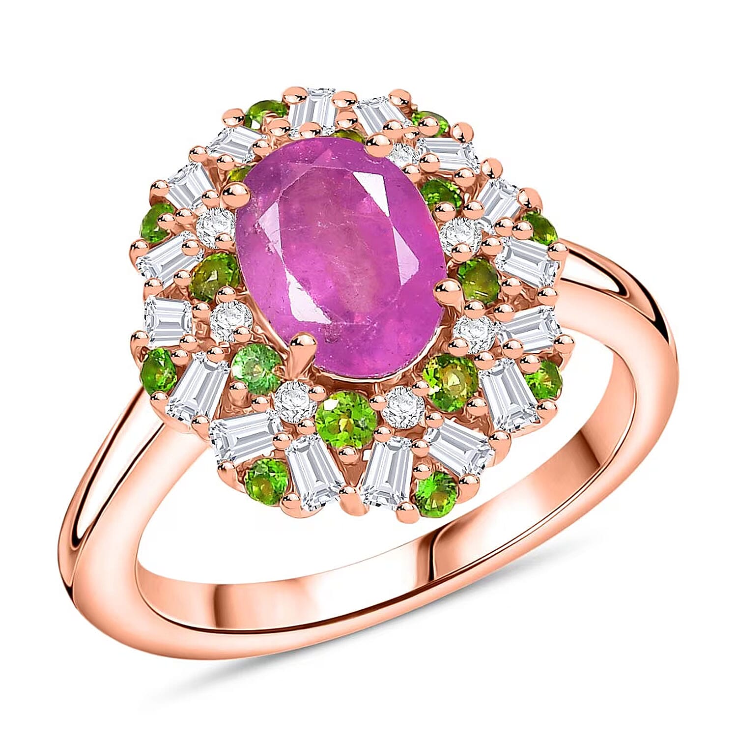 D'Joy Ilakaka Hot Pink Sapphire (FF), Multi Gemstone Blush Blossom Ring in 18K Vermeil RG Over Sterling Silver (Size 10.0) 2.90 ctw
