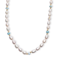 White Freshwater Pearl and Larimar 10.00 ctw Necklace in 18K Vermeil Yellow Gold Over Sterling Silver 18 Inches