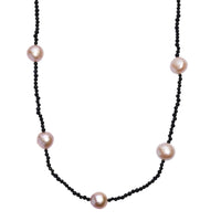 Freshwater Pearl and Thai Black Spinel 15.00 ctw Necklace in Rhodium Over Sterling Silver 24 Inches