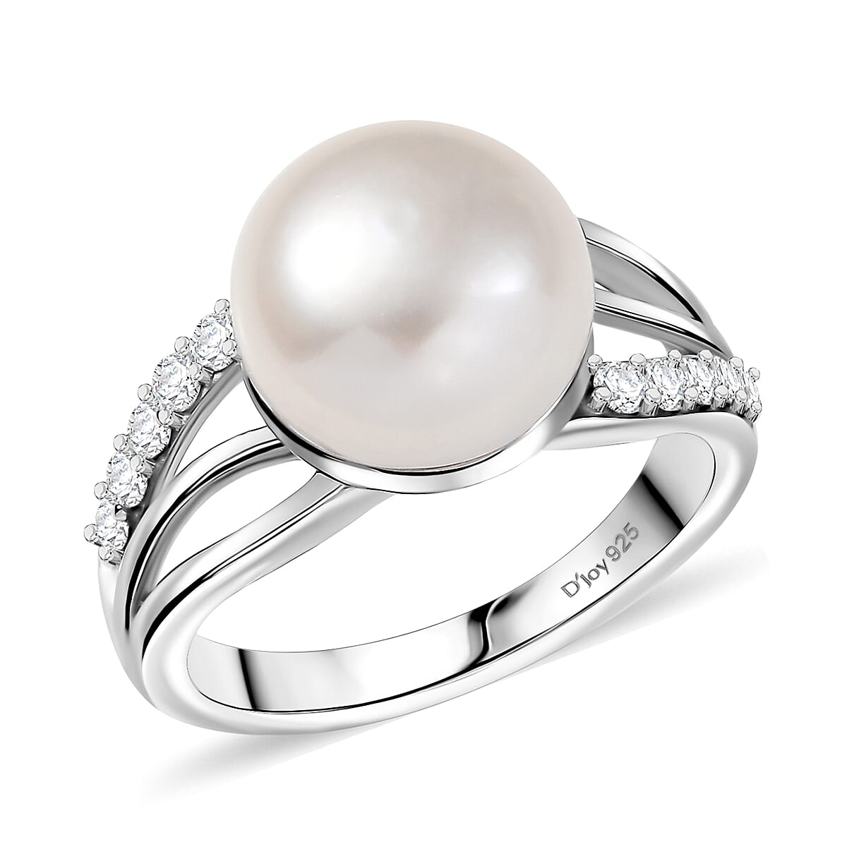 D'Joy Freshwater Pearl and White Zircon 0.35 ctw Moonlit Grace Ring in Rhodium OvercSterling Silver