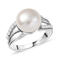 D'Joy Freshwater Pearl and White Zircon 0.35 ctw Moonlit Grace Ring in Rhodium OvercSterling Silver
