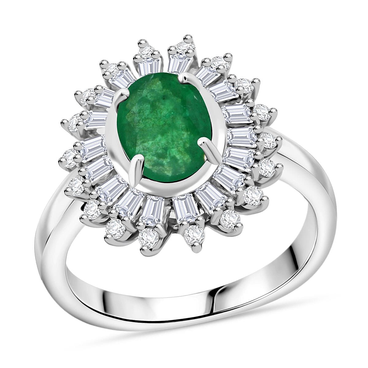 Premium Kagem Zambian Emerald and Moissanite 1.65 ctw Eternal Light Ring in Rhodium Over Sterling Silver