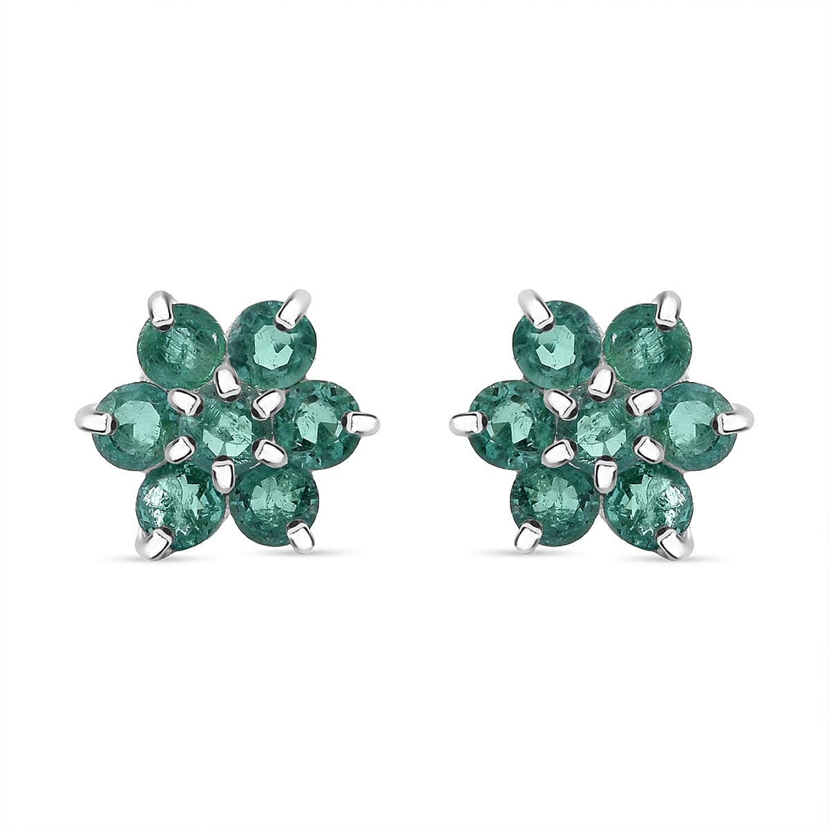 D'Joy AAA Kagem Zambian Emerald 1.00 ctw Floral Stud Earrings in Rhodium Over Sterling Silver