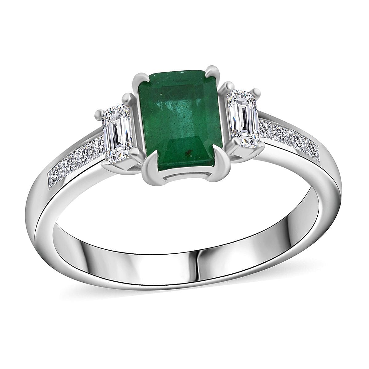 Premium Kagem Zambian Emerald, Moissanite Bridge Ring in Rhodium Over Sterling Silver (Size 10.0) 1.50 ctw