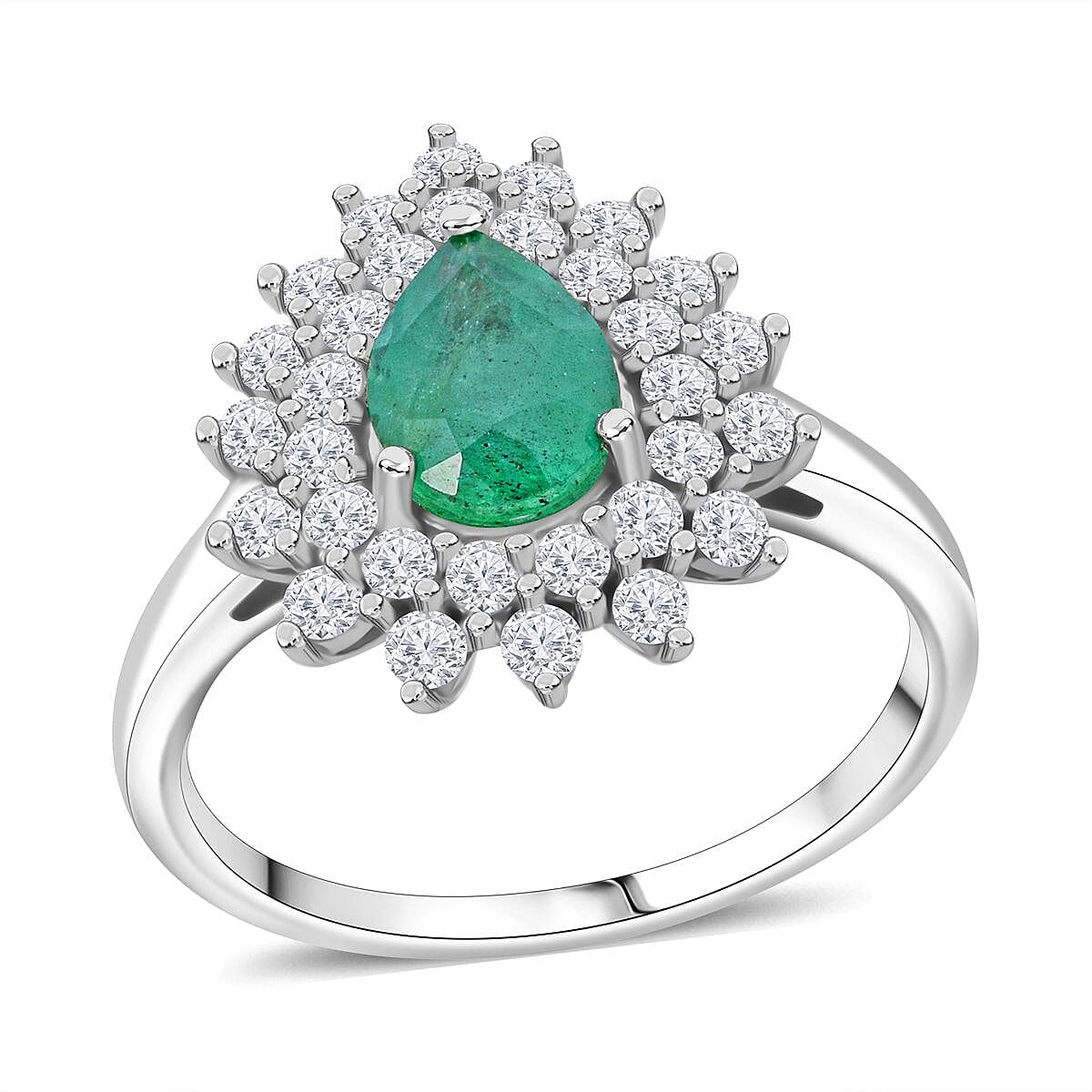 Premium Kagem Zambian Emerald and Moissanite 1.60 ctw Forest Bloom Ring in Rhodium Over Sterling Silver (Size 10.0)